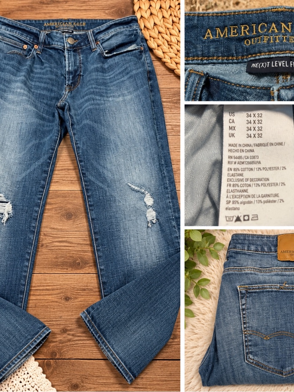 American Eagle Outfitters Women’s Mid Blue Bootcut Jeans with Distressed Knees